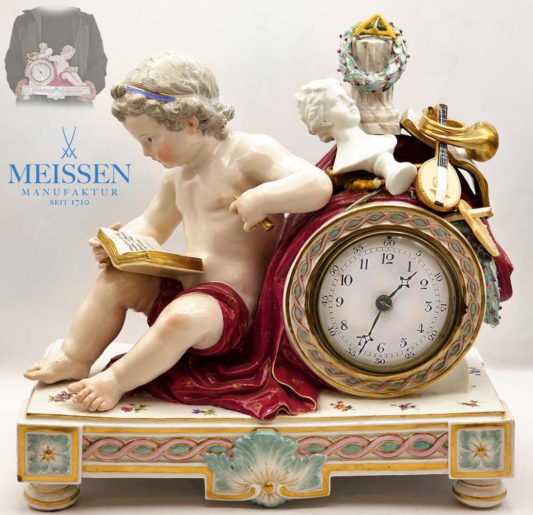 19th C. Meissen Porcelain Figural Table Mantle Clock: 19th C. Meissen Porcelain Figural Table Mantle Clock. H 10" x W 5 1/2" x L 9 7/8"