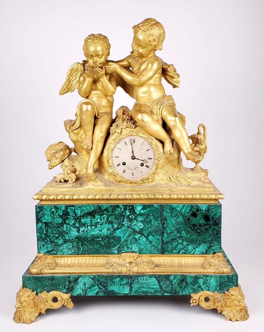 Large 19th C. Malachite & Gilt Bronze Figural Mantle Clock (1 of 3)
