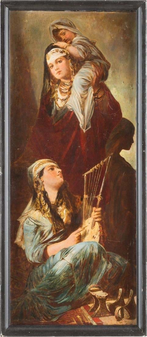 French School Oil on Board Orientalist Women with Child, C. 1900 (1 of 2)