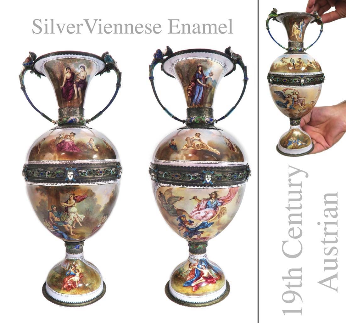 Exquisite Large Pair of Viennese Enamel Silver Vases: Exquisite Large Pair of Viennese Enamel Silver Vases. The measures H: 12"