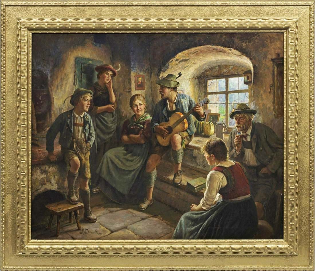 Maximilian Wachsmuth (German 1859-1912)"Farm Guitar Scene" Oil on Canvas (1 of 1)