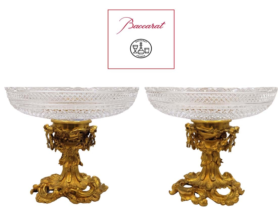 Pair Of 19th C. French Gilt Bronze Baccarat Crystal Taza, Centerpiece: Pair Of 19th C. French Gilt Bronze Baccarat Crystal Taza, Centerpiece. H 8 1/4" x W 10"
