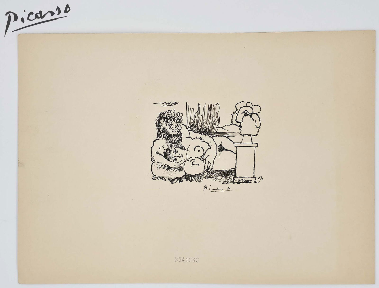 Picasso 'Escultor En Reposso' Etching Lithography Print, Signed: Picasso 'Escultor En Reposso' Etching Lithography Print, Signed Signature in print plate. (10.5 x 8 cms) Certified and Stamped by "Musee de Orsay" in Paris & "Christie's" Musee de Orsay certificate is