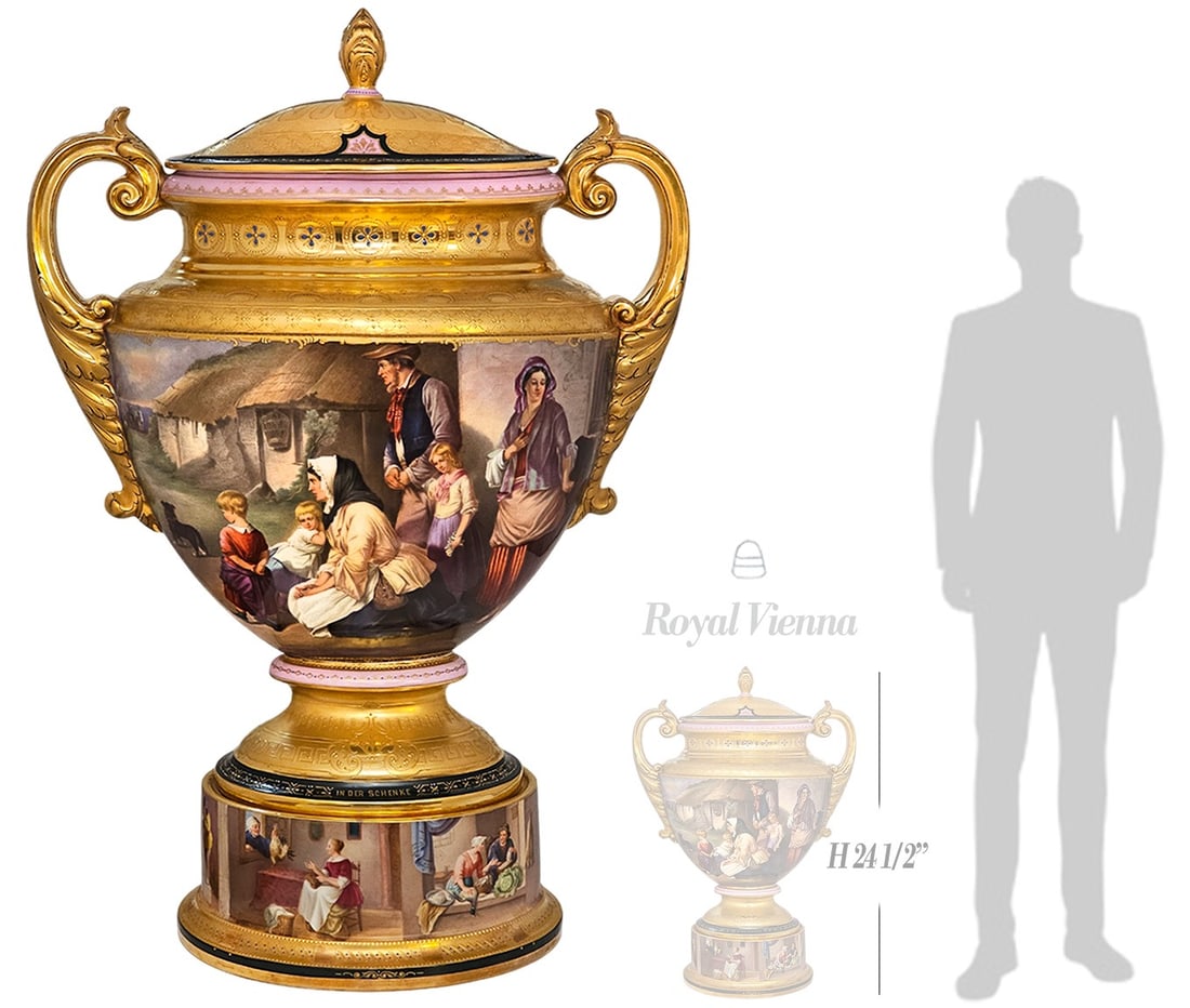 19th C. Large Hand Painted Royal Vienna Porcelain Pink & Gold Ground Centerpiece: 19th C. Large Hand Painted Royal Vienna Porcelain Pink & Gold Ground Centerpiece. H 24 1/2" x W 7 1/2" x L 16 1/2"