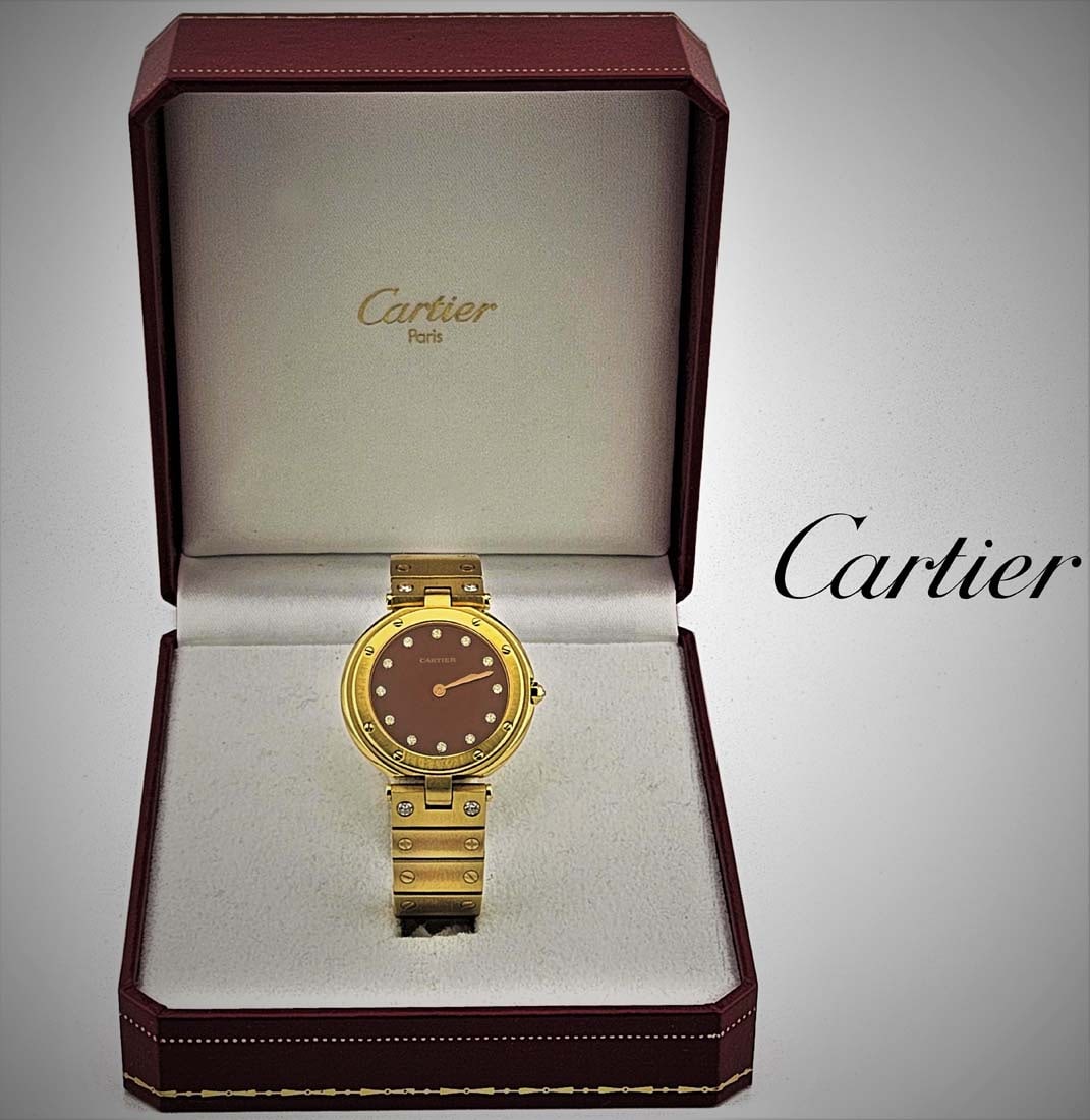 Rare Cartier Santos 18k Yellow Gold Factory Burgundy Diamond Dial Vintage Ladies Watch (1 of 7)