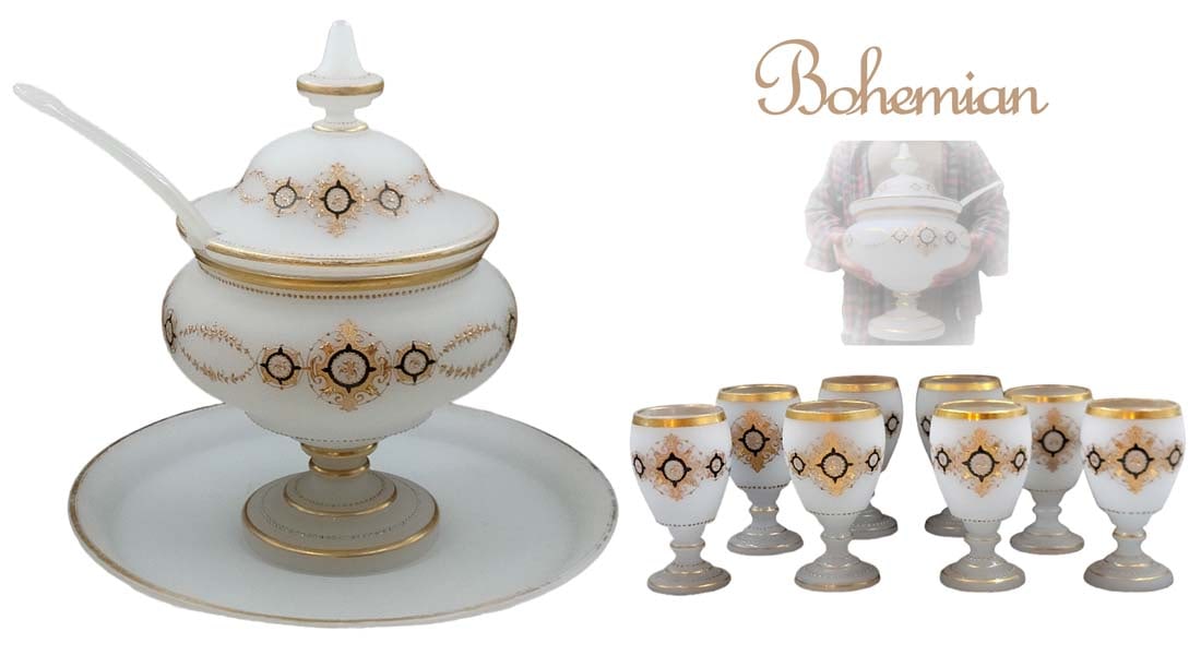 19th C. Bohemian Glass Enamel Punch Bowl Set: 19th C. Bohemian Glass Enamel Punch Bowl Set. Tray: D 17 1/8" \ Bowl: H 16 1/2" x W 10 1/2" \ Cups: H 5" x W 3"