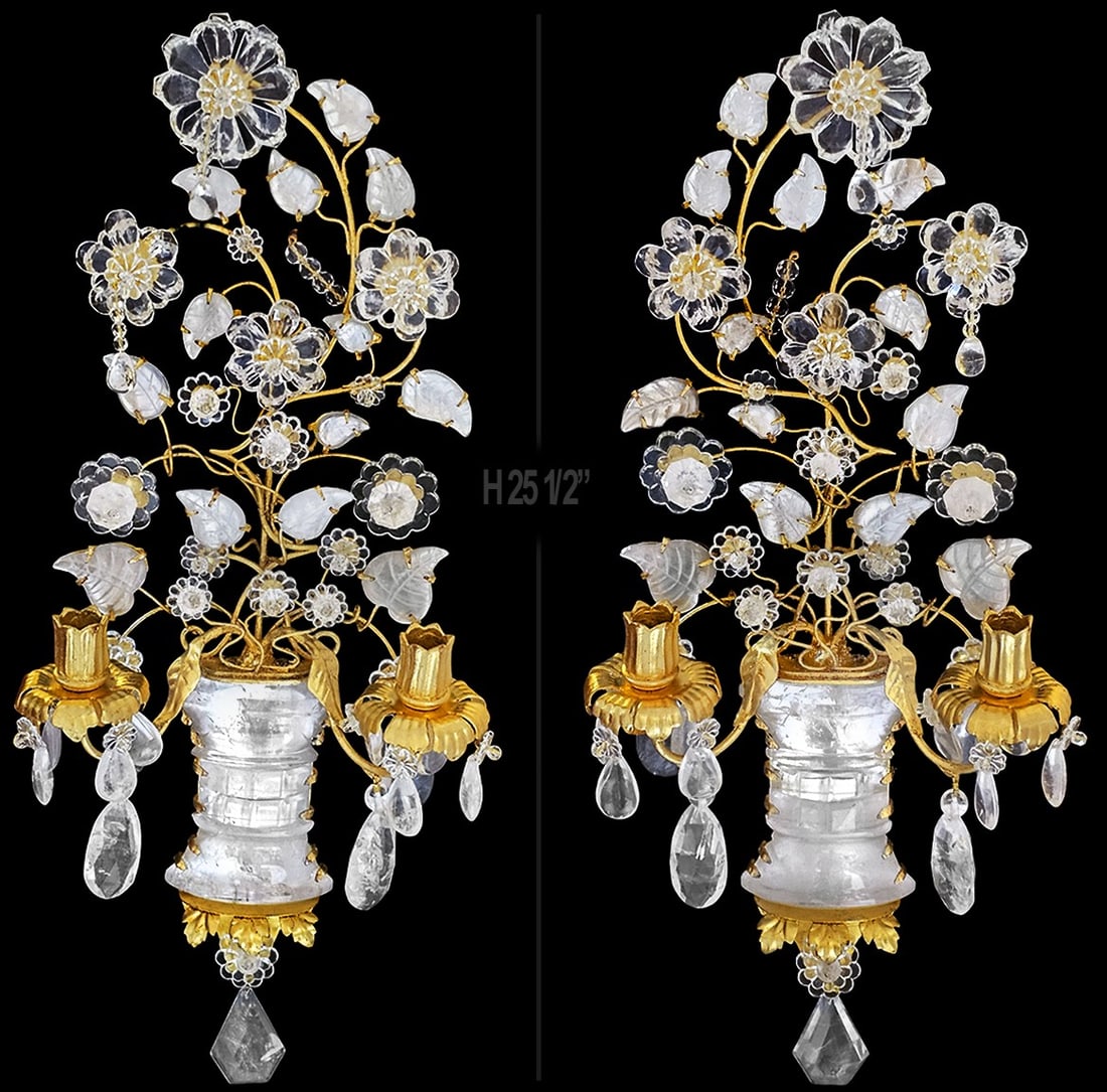 Pair Of Large Maison Bagues Style Rock Crystal Two-Arm Gilt Sconces (1 of 9)