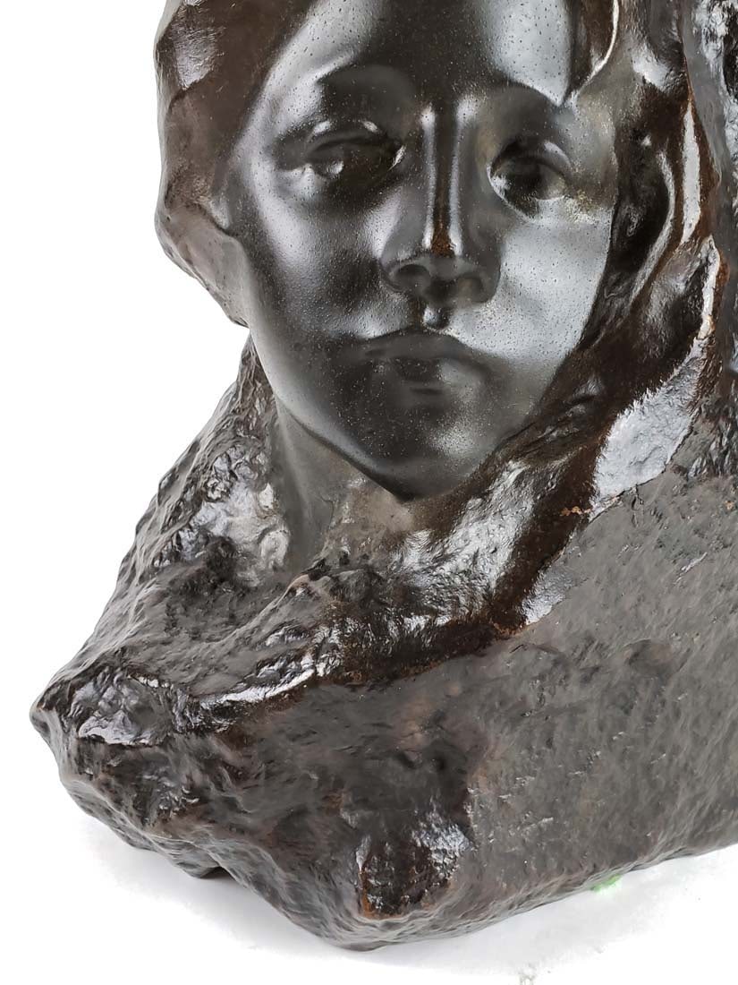 19th C. Bronze Statue "Face on Stone" Signed - 3