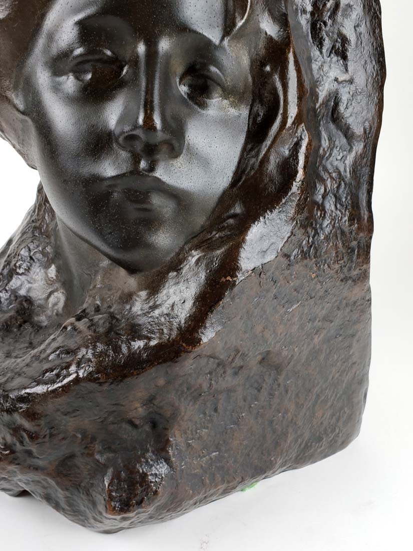 19th C. Bronze Statue "Face on Stone" Signed - 4