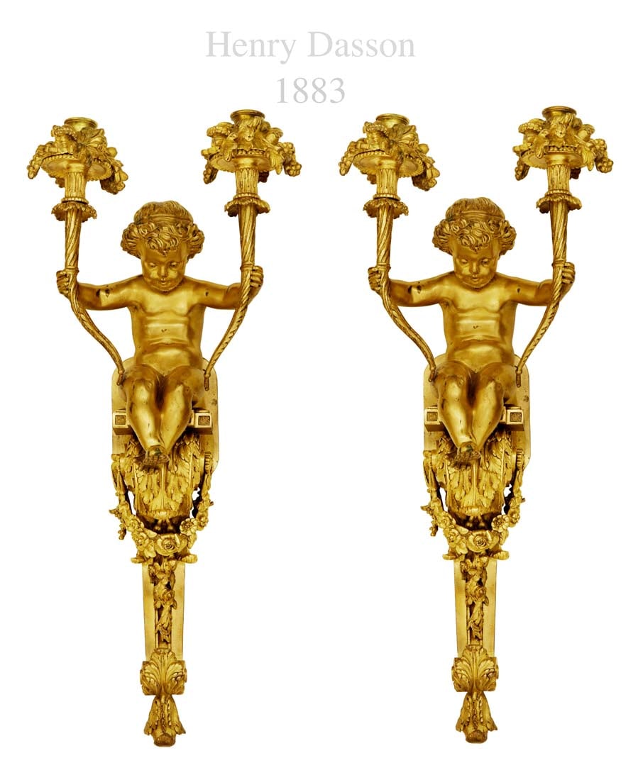Pair Of 19th C. Henry Dasson Figural Large Bronze Sconces: Pair Of 19th C. Henry Dasson Figural Large Bronze Sconces. Measures H: 29" W: 10"