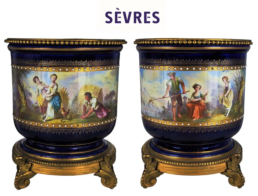 Pair of 19th C. Cobalt Jeweled Sevres Vases: Pair of 19th C. Cobalt Jeweled Sevres Vases. H 9" x W 8"