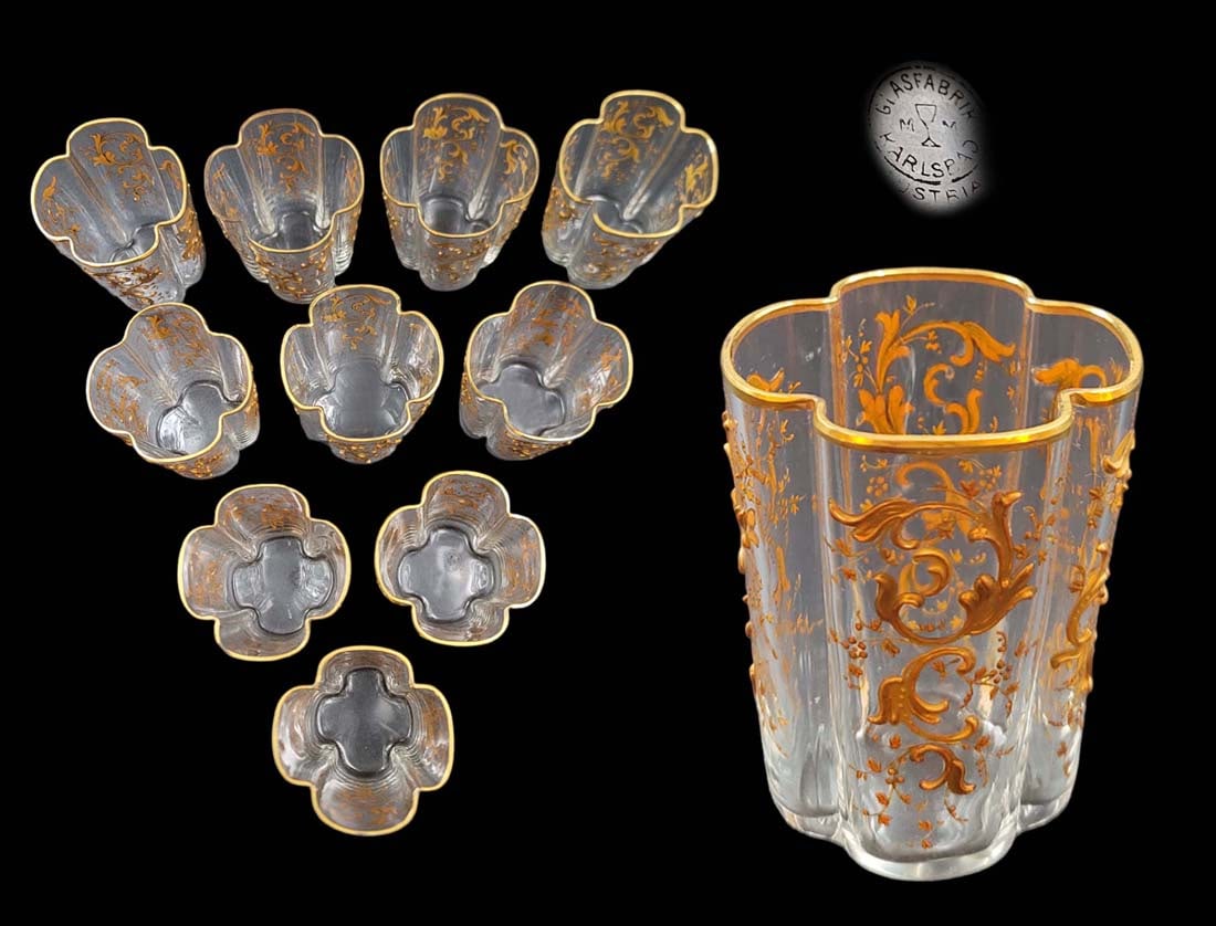 10 Set Of 19th Century Austrian Quatrefoil Shape Hand Paint Enameling Shot Glasses: 10 Set Of 19th Century Austrian Quatrefoil Shape Hand Paint Enameling Shot Glasses. H 3 3/8" x W 2 1/2"