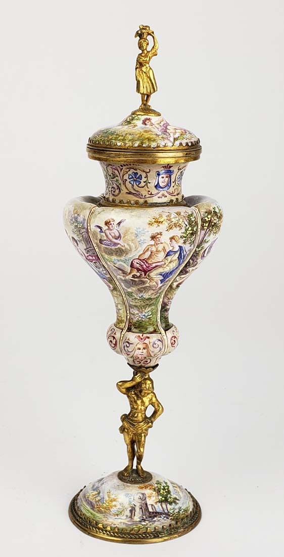 19th C. Viennese Enamel on Bronze Figural Centerpiece: 19th C. Viennese Enamel on Bronze Figural Centerpiece. Measures H: 7 1/4" W: 2 1/4"