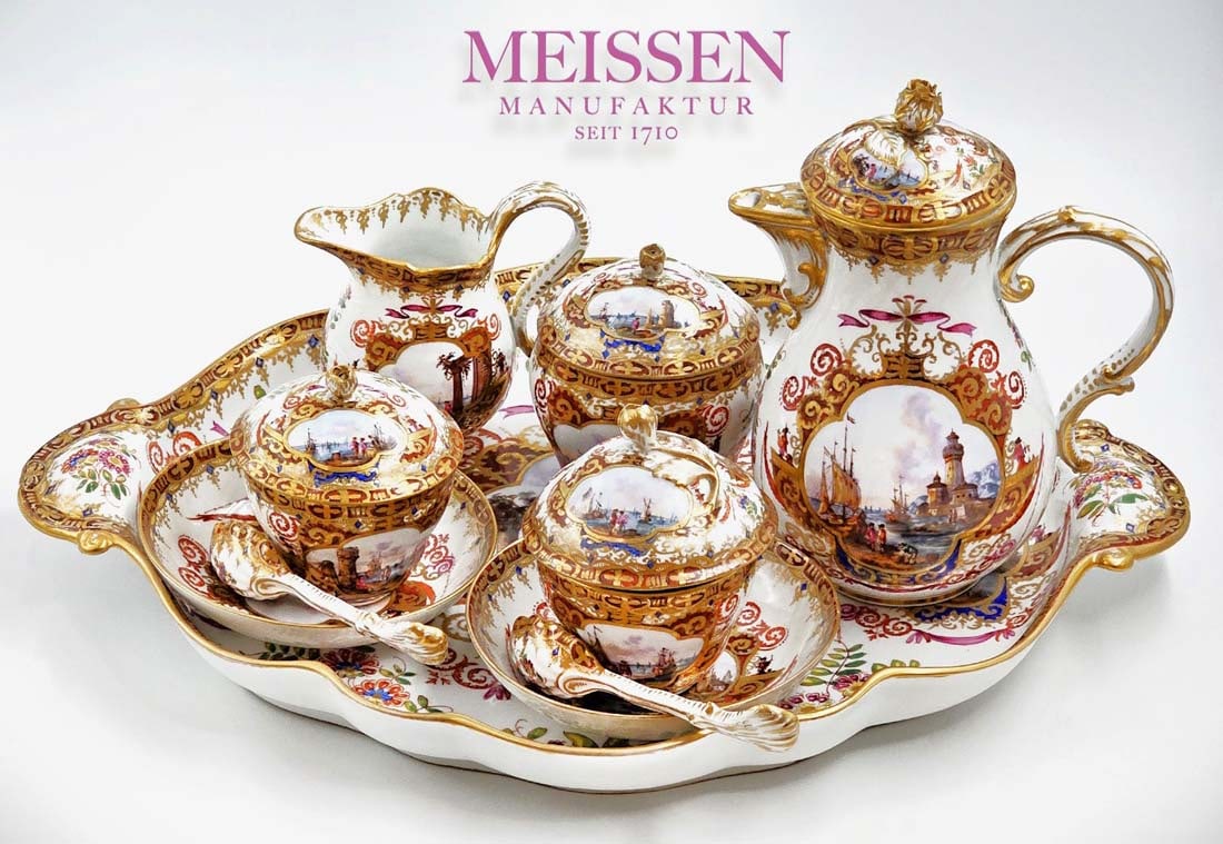 18th C. Meissen Hand Painted Tea Set: 18th C. Meissen Hand Painted Tea Set. Tray: H 1 7/8" x W 13 3/8" x L 18" \ Cup & saucers, Cup with lid: H 4", Cup without lid: H 2 1/2" x W 3 1/8" x L 4", Saucer: H 1 3/8" x D 5 1/2", Spoons: W 1 1/2"