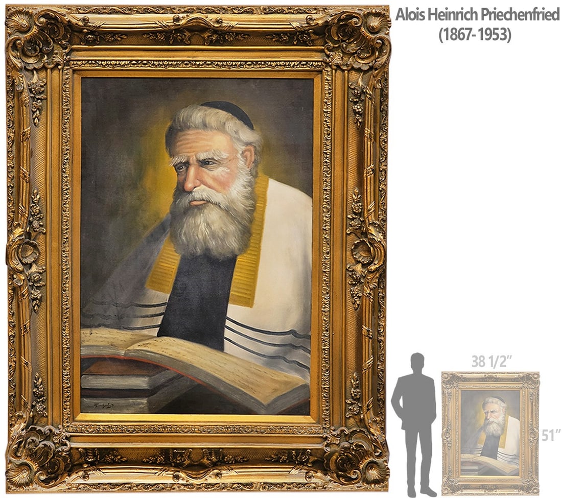 Large 19th C. Austrian Alois Heinrich Priechenfried Judaica Oil On Canvas Painting: Large 19th C. Austrian Alois Heinrich Priechenfried Judaica Oil On Canvas Painting. 38 1/2" x 51" \ Canvas: 23 1/2" x 35 1/2"