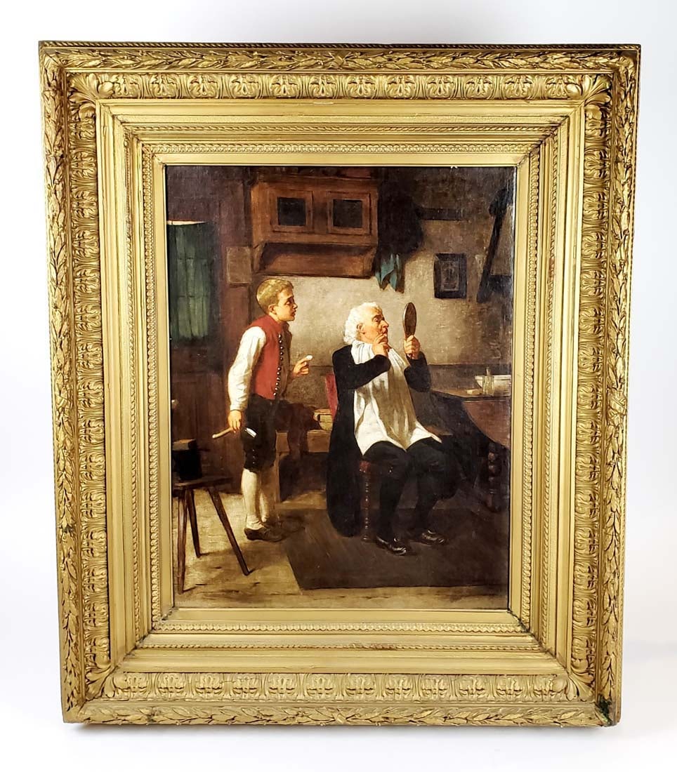 19th C. Mark William Langois Signed "The Barber" Oil on Canvas: 19th C. Mark William Langois (1850-1890) Signed "The Barber" Oil on Canvas. It is signed by the artist and the frame measures 30" x 35" and the painting measures 18 1/2" x 23 3/4"