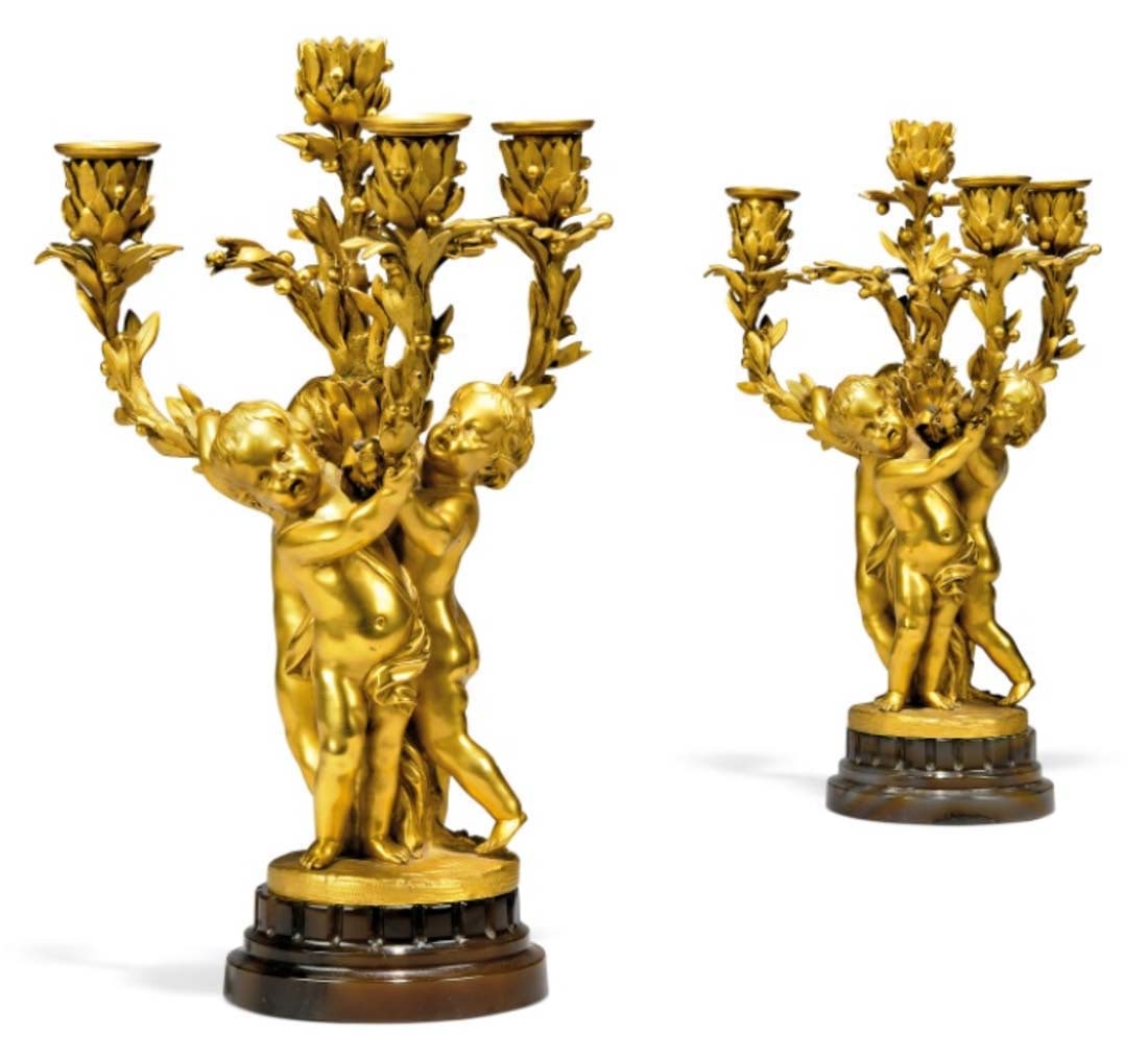 Pair Of Large 19t C. Signed French Figural Gilt Bronze FOUR Light Candelabras On Agate Base: Pair Of Large 19t C. Signed French Figural Gilt Bronze FOUR Light Candelabras On Agate Base. H 14 1/2" x W 9 1/2"