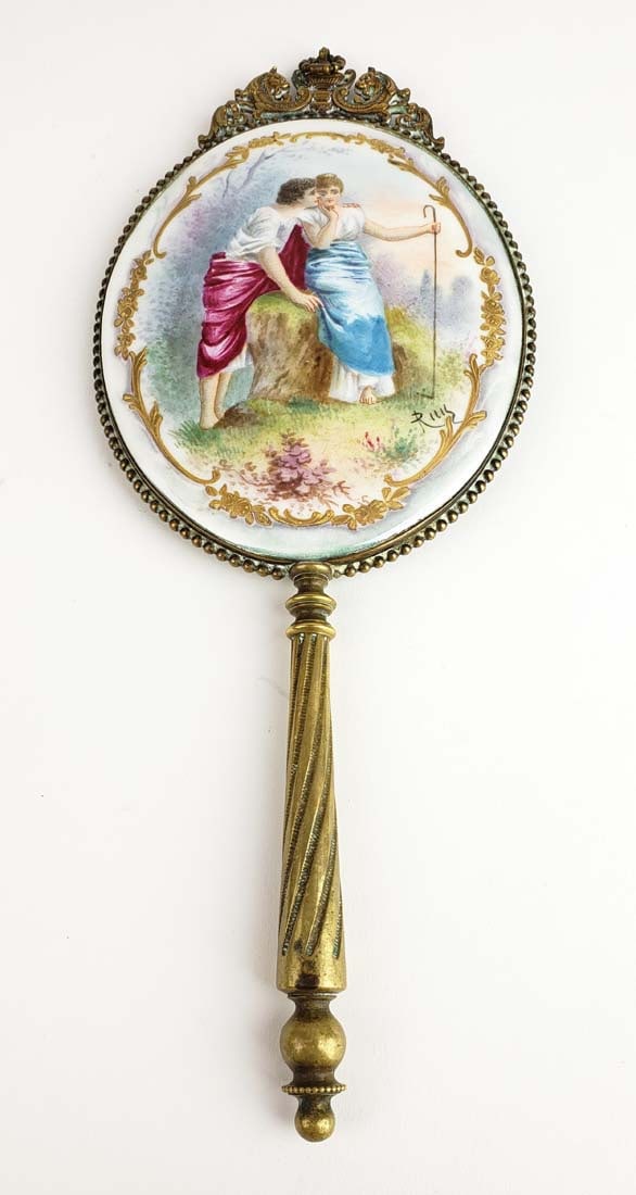 19th C. French Handpainted Enamel, Porcelain and Bronze Hand Mirror Signed (1 of 5)