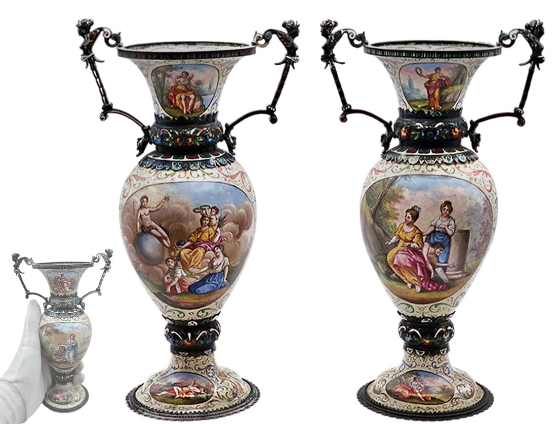 Pair Of 19th C. Large Viennese Enamel On Silver Vases (1 of 19)
