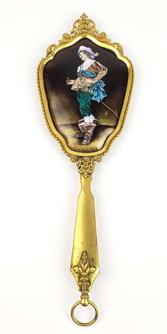 19th C. French Enamel & Bronze Mirror Signed: 19th C. French Enamel & Bronze Mirror Signed. Measures H: 8 1/2" W: 2 3/4"