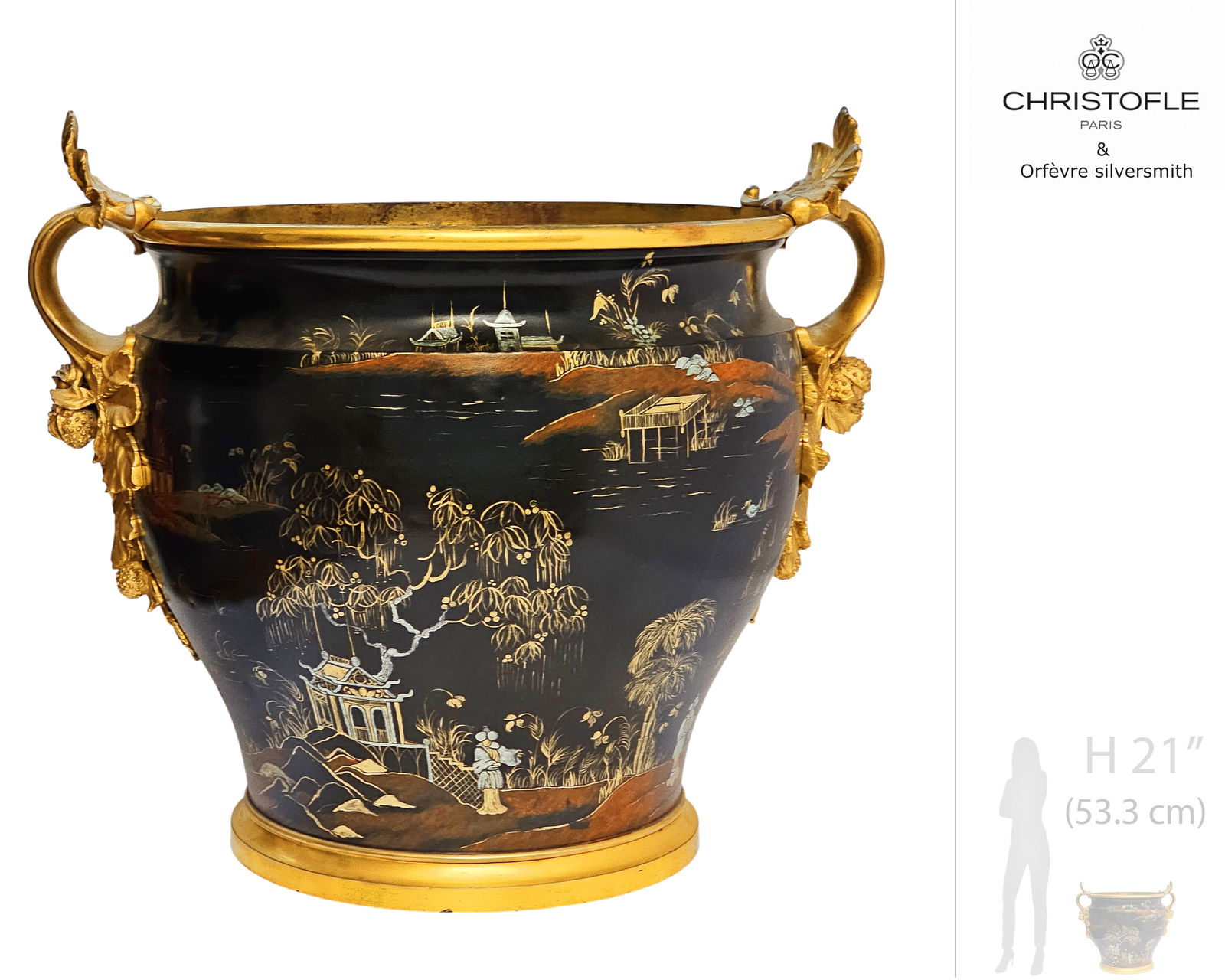 19th Century Christofle Gilt Bronze Enameled Chinoiserie Jardiniere: 19th Century Christofle Gilt Bronze Enameled Chinoiserie Jardiniere. H 21" x W 19" x L 23"
