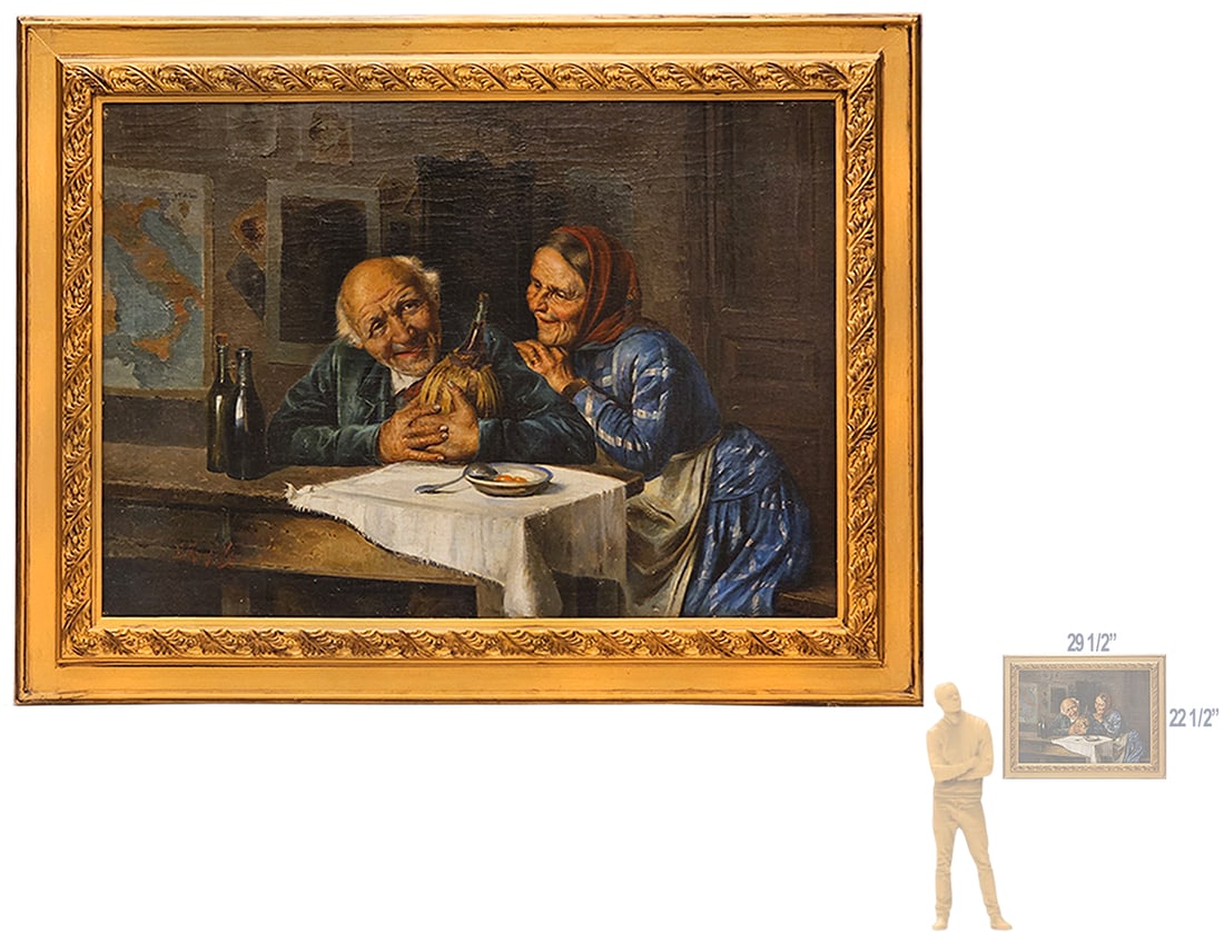 19th C. Elderly Couple Oil On Canvas Painting Signed By E.Zampighi (1859-1944): 19th C. Elderly Couple Oil On Canvas Painting Signed By E.Zampighi (1859-1944). Frame: 29 1/2" x 22 1/2" \ Canvas: 24 1/2" x 17 1/2"