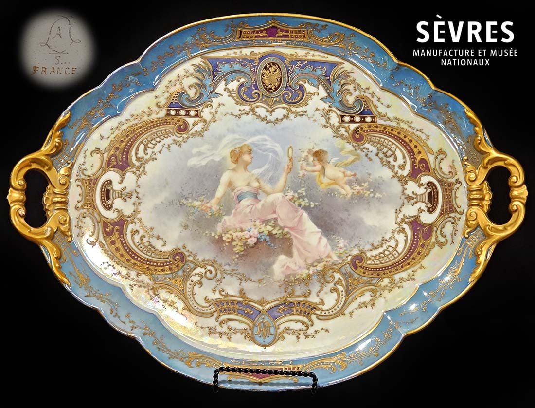 19th C. French Hand Painted Sevres Tray: 19th C. French Hand Painted Sevres Tray. H1" x W 13 1/4" x L 18 1/8"