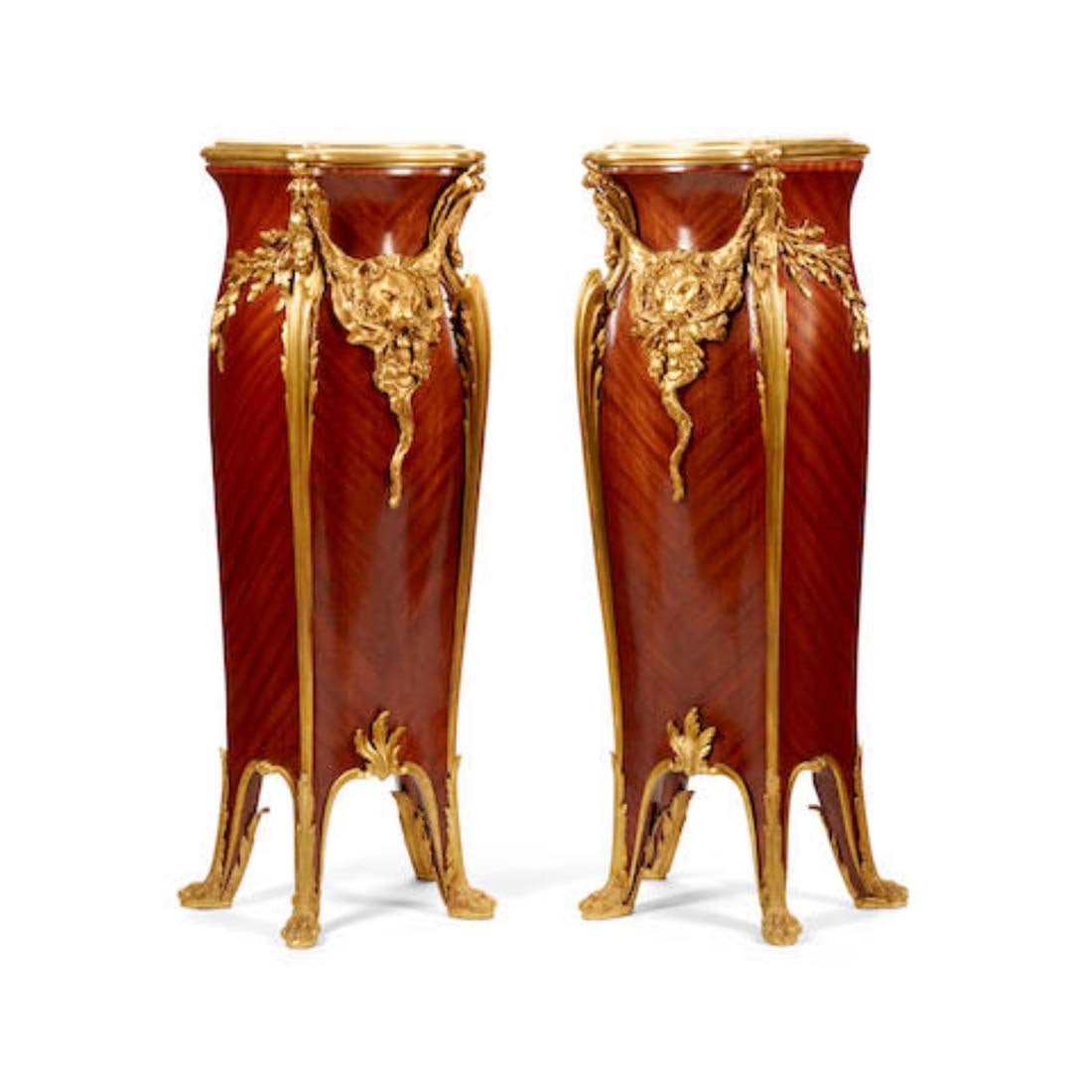 Pair of Large 19th C. Louis VV Style Gilt Bronze Mounted Mahogany Pedestals: Pair of Large 19th C. Louis VV Style Gilt Bronze Mounted Mahogany Pedestals. height 55in (140cm); width 18 3/4in (47cm)