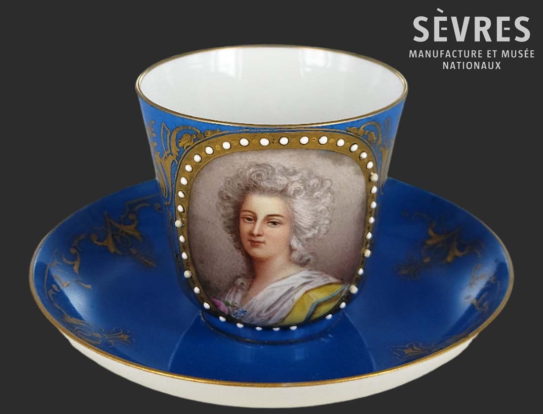 19th C. Jeweled Sevres Porcelain Cup And Saucer: 19th C. Jeweled Sevres Porcelain Cup And Saucer. Cup: H2 9 /16" x L 3 1/4" \ Saucer: D 5"