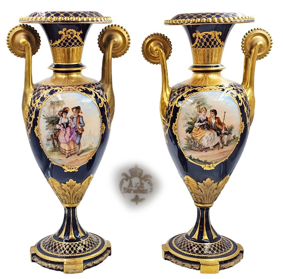 Pair Of Late 19th C. Royal Vienna Style Vases: Pair Of Late 19th C. Royal Vienna Style Vases. H 19" x W 7" x L 10"