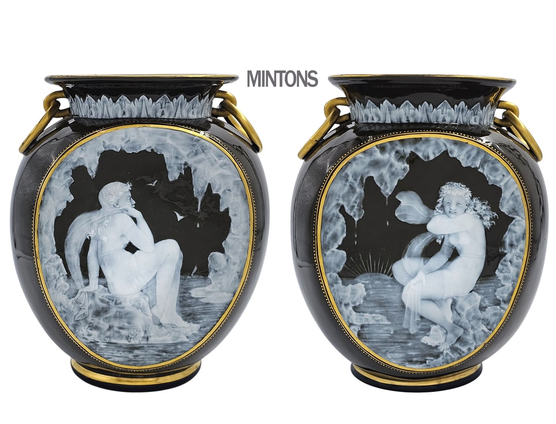 Pair Of 19th C. Mintons Pate-Sur-Pate Porcelain Attributes To Frederick Schenck Vases: Pair Of 19th C. Mintons Pate-Sur-Pate Porcelain Attributes To Frederick Schenck Vases. H 8" x W 4 1/2" x L 7"