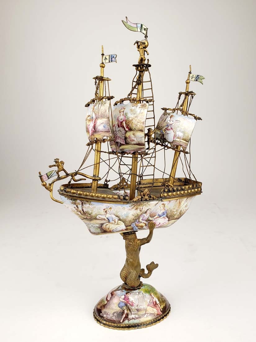 19th C. Viennese Enamel Figure of Ship: 19th C. Viennese Enamel Figure of Ship. Measures H: 10 1/4" W: 5 1/4"