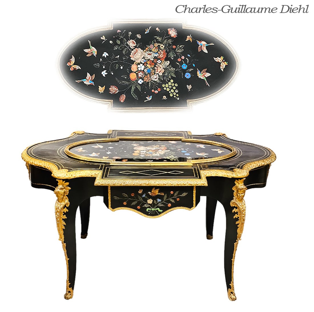 19th Century Charles-Guillaume Diehl Figural Bronze Mounted Pietra Dura-Top Desk / Table: 19th Century Charles-Guillaume Diehl Figural Bronze Mounted Pietra Dura-Top Desk / Table. H 32" x W 38" x L 59"