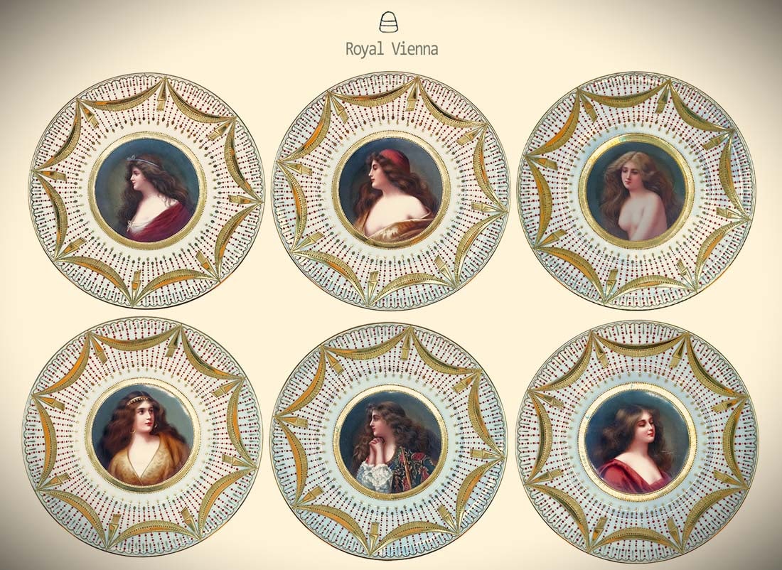19th C. Set Of Six Royal Vienna Hand Painted Decorative Wall Plates, Signed: 19th C. Set Of Six Royal Vienna Hand Painted Decorative Wall Plates, Signed. D 9 1/2"