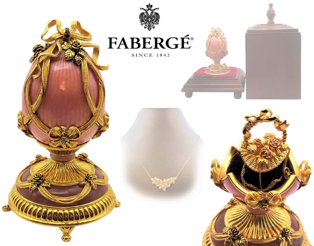 House Of Faberge Sterling Silver 'Rose Bouquet Egg' With Wearable Necklace Flower Piece: House Of Faberge Sterling Silver 'Rose Bouquet Egg' With Wearable Necklace Flower Piece. Egg: H 6 1/2" x W 4" \ Box: H 13"