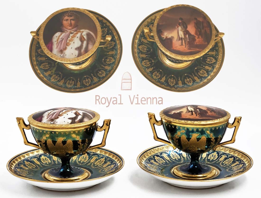 Pair Of 19th C. Royal Vienna Porcelain Lidded Cup & Saucers: Pair Of 19th C. Royal Vienna Porcelain Lidded Cup & Saucers. Cup with lid: H 3 1/2" (W/o lid: 3") W: 3 1/2" x L 5" \ Saucer: D: 6"