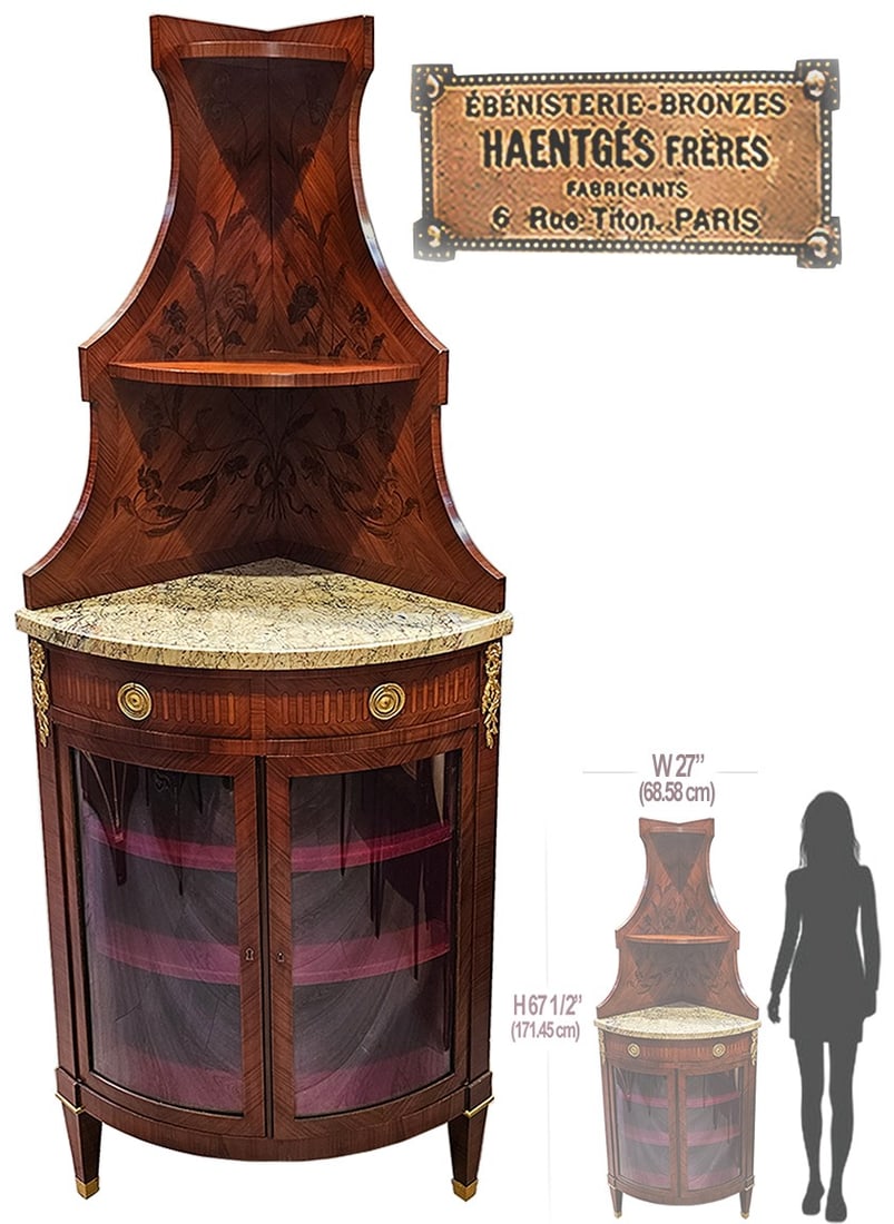 Art Deco French Corner Cabinet Top Marble By Haentges Freres: Art Deco French Corner Cabinet Top Marble By Haentges Freres. H 67 1/2" x W 27" x D 21"