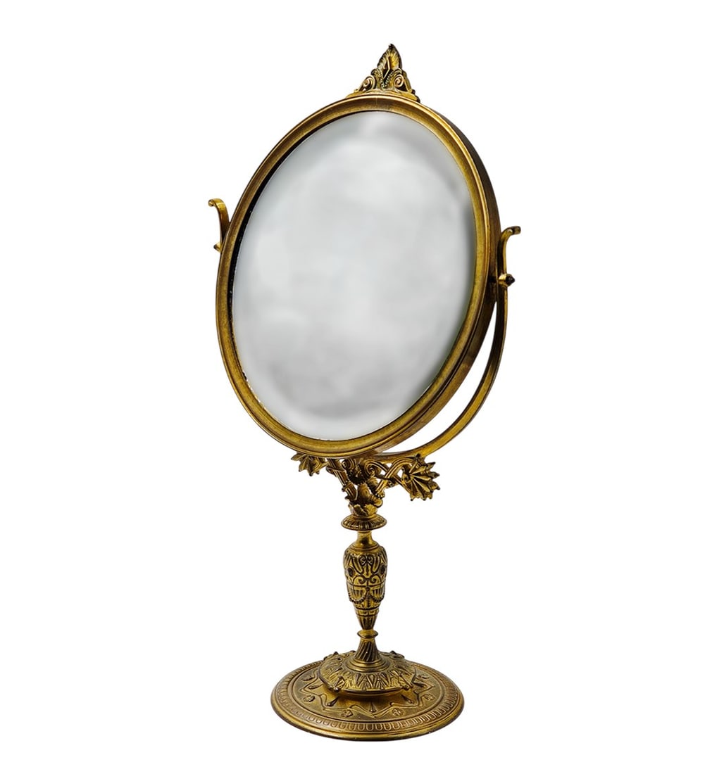 19th C. Gilt Bronze Table Mirror Signed By F.Barbedienne: 19th C. Gilt Bronze Table Mirror Signed By F.Barbedienne. H 14" x W 4" x L 7 1/2"