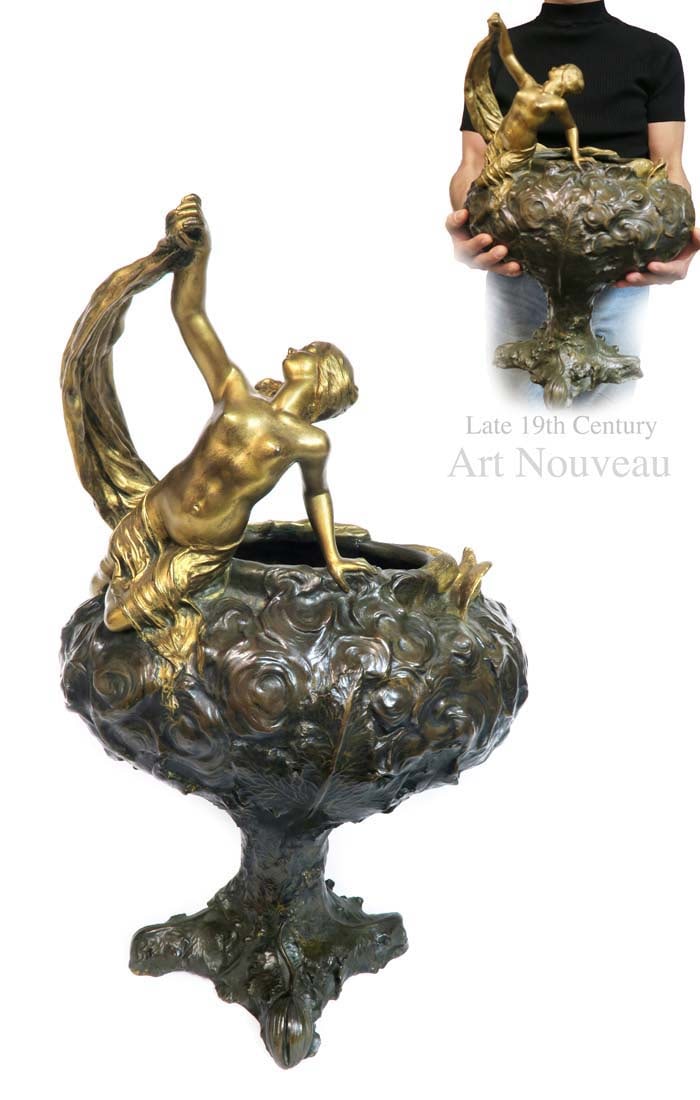 Large Late 19th C. Art Nouveau Bronze Vase: Large Late 19th C. Art Nouveau Bronze Vase. H: 21" W: 14" D: 9"