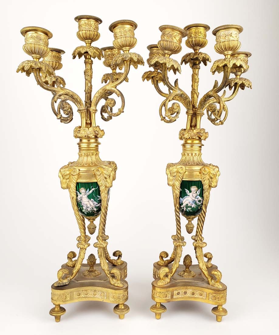 Pair of 19th C. French Gilt Bronze & Enamel Candelabras: Pair of 19th C. French Gilt Bronze & Enamel Candelabras. They measure H: 16 3/4" W: 5 1/2"