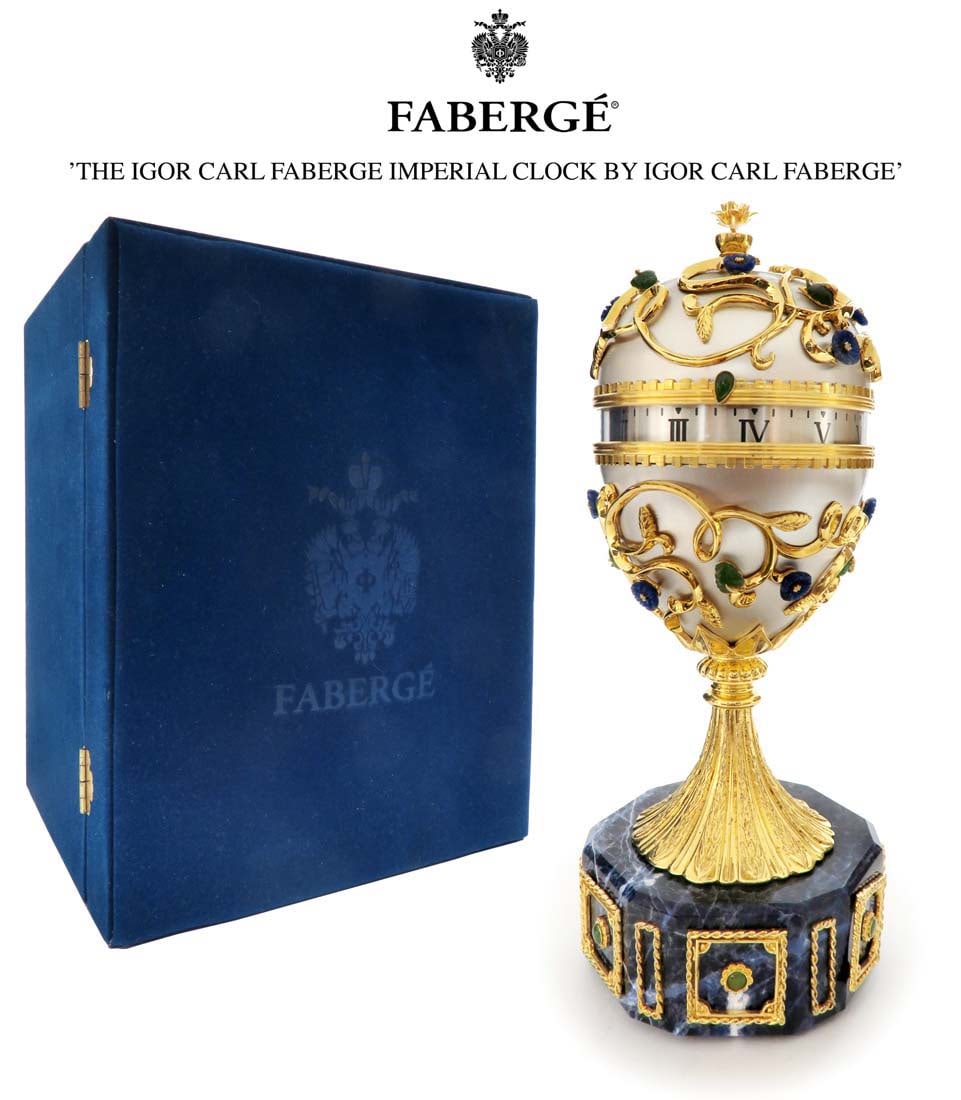 The Igor Carl Faberge Imperial Clock By Igor Carl Faberge: The Igor Carl Faberge Imperial Clock By Igor Carl Faberge. MARKED WITH PLAQUE Ã¢€â„¢THE IGOR CARL FABERGE IMPERIAL CLOCK BY IGOR CARL FABERGEÃ¢€â„¢, MODERN,the case set with Roma