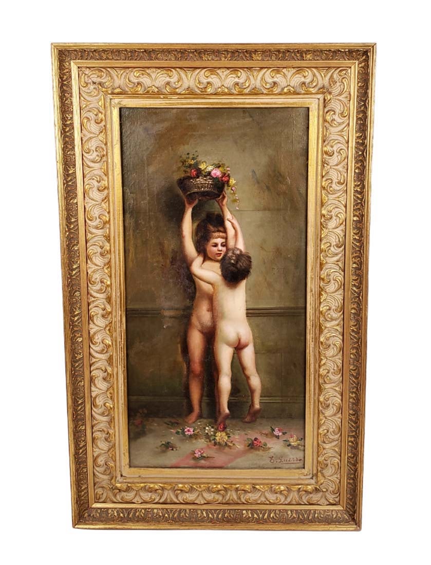 19th C. E. Guesso Signed Oil on Canvas: 19th C. E. Guesso Signed Oil on Canvas. The frame measures 31 1/4" x 18 3/4" and the canvas measures 24" x 13"