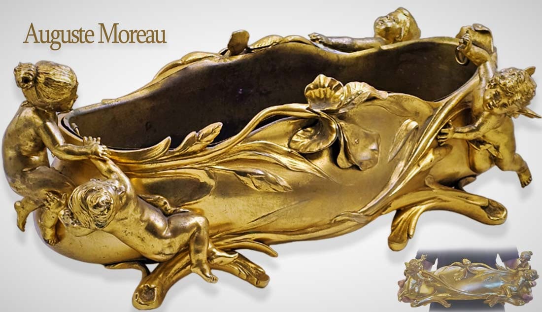 Large 19th C. French Auguste Moreau Figural Basket Centerpiece with Cherubs: Large 19th C. French Auguste Moreau Figural Basket Centerpiece with Cherubs. H 8 1/2" x W 9 1/2" x L 19 7/8"