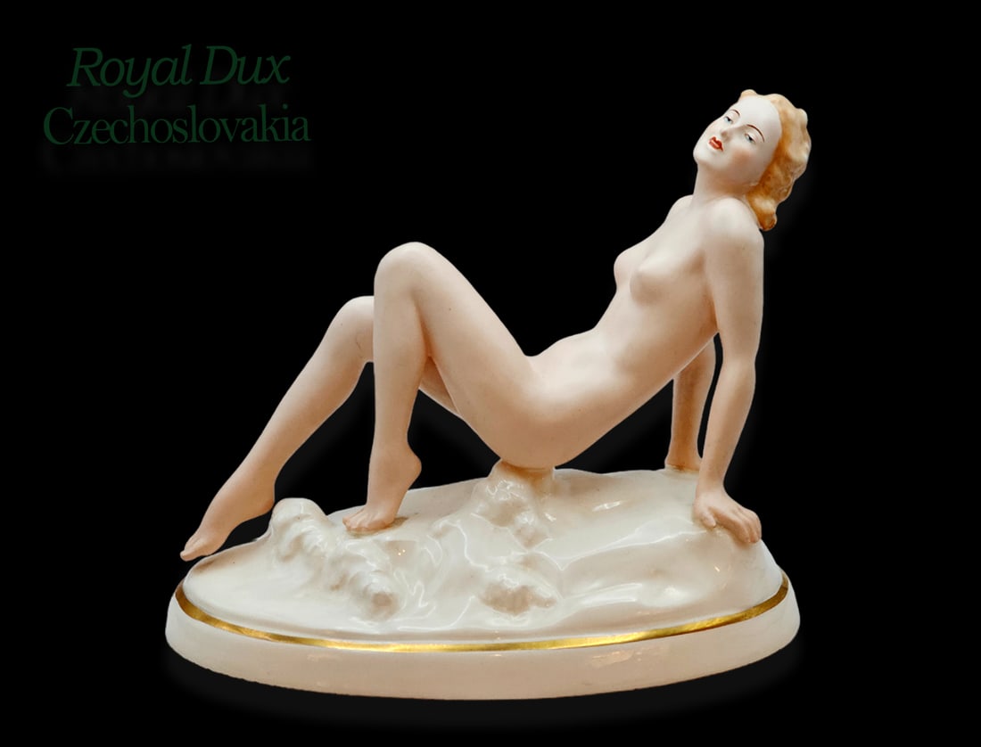 Royal Dux Sunbather Porcelain Figurine, Signed By Artist: Vintage Royal Dux Hand Painted Porcelain Sunbather Figurine, Designed By Elly Strobach, Circa 1950s, Hallmarked and Signed. 7.5" x 4" x H 6.5"