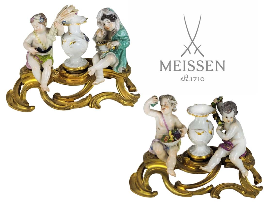 Pair Of 19th C. Gilt Bronze Mounted Meissen Porcelain Groups: Pair Of 19th C. Gilt Bronze Mounted Meissen Porcelain Groups. H 5 1/2" x W 4" x L 7 7/8"