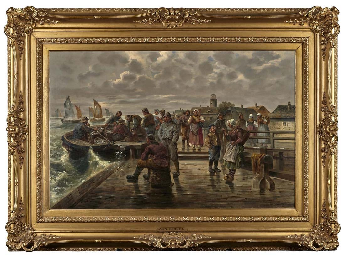Van Hommel "Ocean Dock" Oil on Board, 19th C.: Van Hommel "Ocean Dock" Oil on Board, 19th C. The frame measures 40 1/2" x 55" and the canvas measures 26 1/2" x 41"