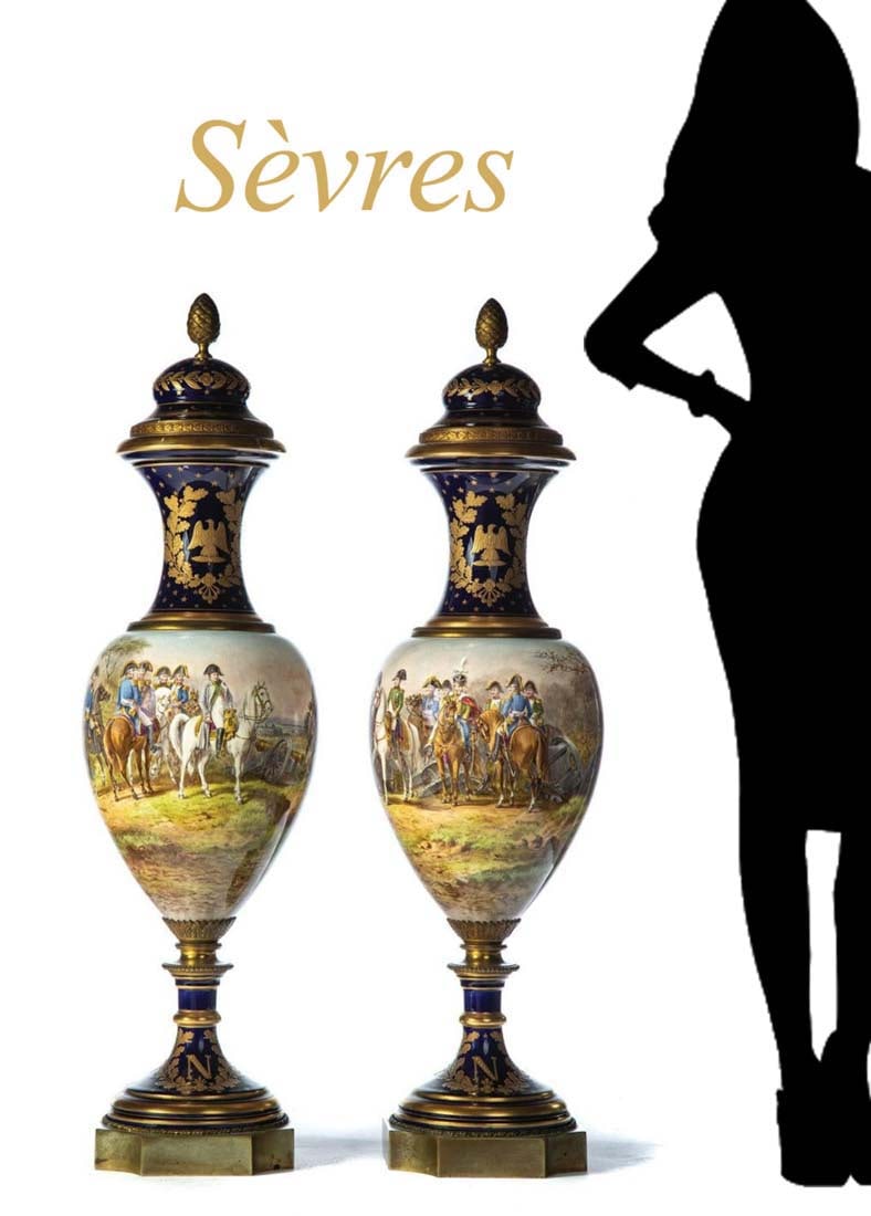 Magnificent Large Pair of 19th C. Sevres Porcelain Gilt Bronze Mounted Urns: Magnificent Large Pair of 19th C. Sevres Porcelain Gilt Bronze Mounted Napoleonic Urns. They measure H: 31 1/2". Signed under lids