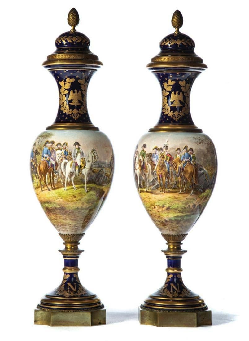 Magnificent Large Pair of 19th C. Sevres Porcelain Gilt Bronze Mounted Urns - 2