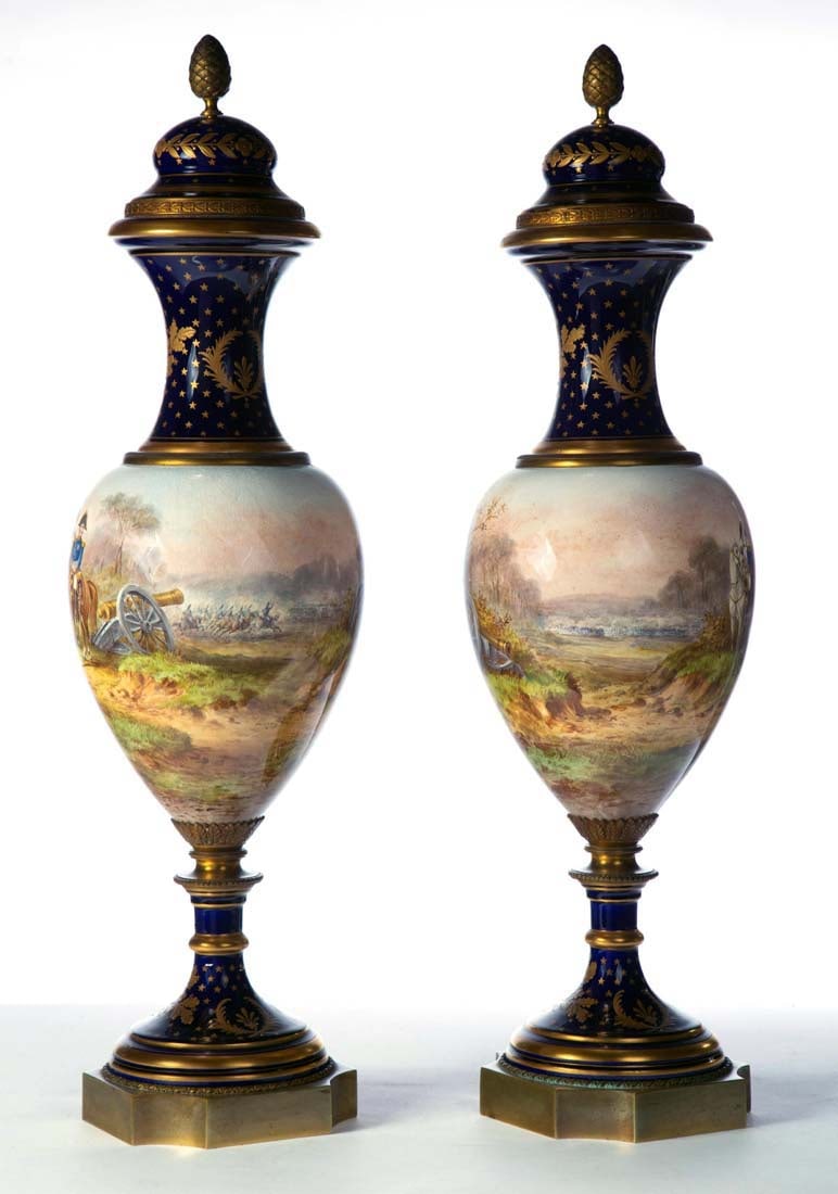 Magnificent Large Pair of 19th C. Sevres Porcelain Gilt Bronze Mounted Urns - 5