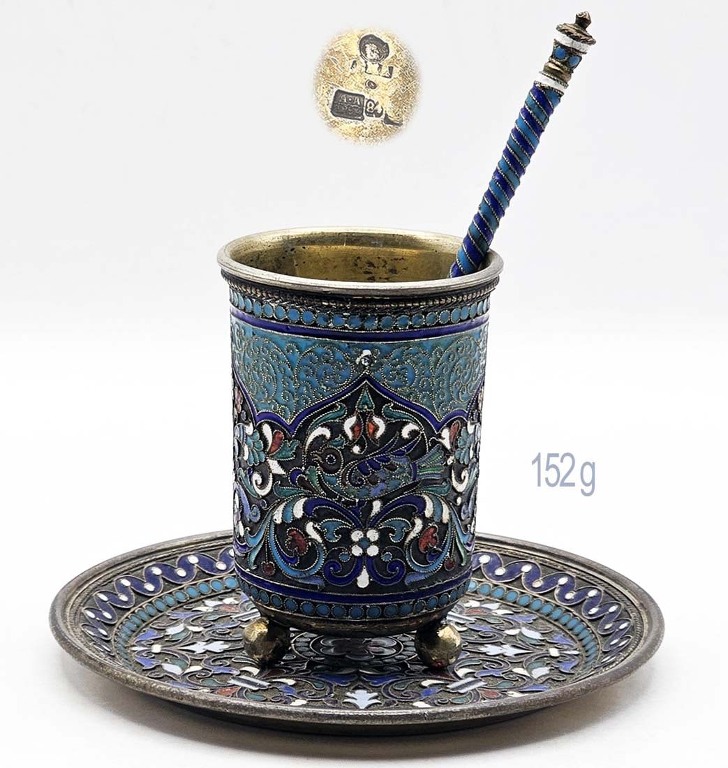 19th C. Russian Cloisonne Enamel & Silver 84 Coffee Cup Saucer Spoon Set: 19th C. Russian Cloisonne Enamel & Silver 84 Coffee Cup Saucer Spoon Set. Saucer: D 3 7/8" \ Spoon: W 1" x L 4" \ Cup: H 2 1/2" x W 1 7/8"
